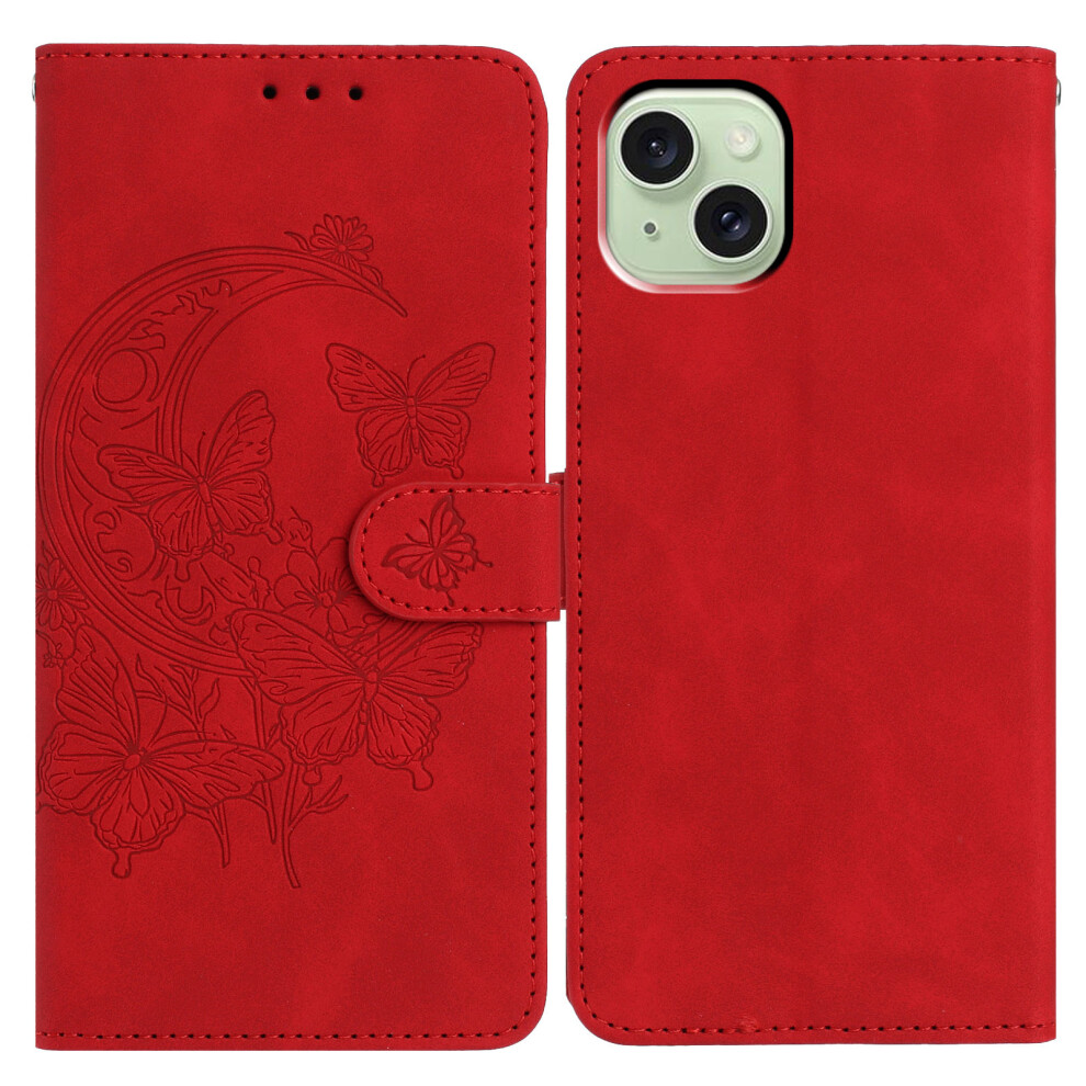 (Iphone 15, ) For Iphone 15 Case Butterfly Flower Imprinted Pu Leather Wallet Stand Phone Cover Red 6914285741272