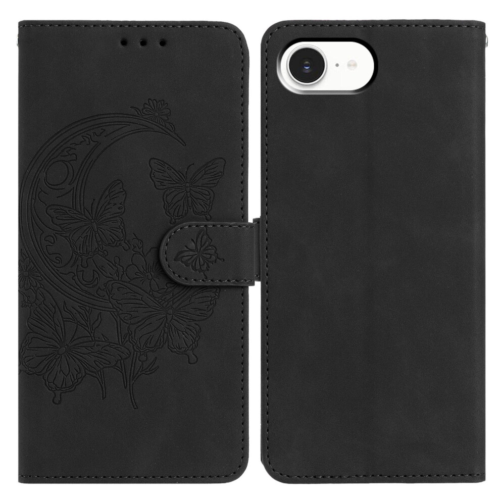(Iphone 16E, ) For Iphone 16E Case Butterfly Flower Imprinted Pu Leather Wallet Stand Phone Cover Black 6914289747201