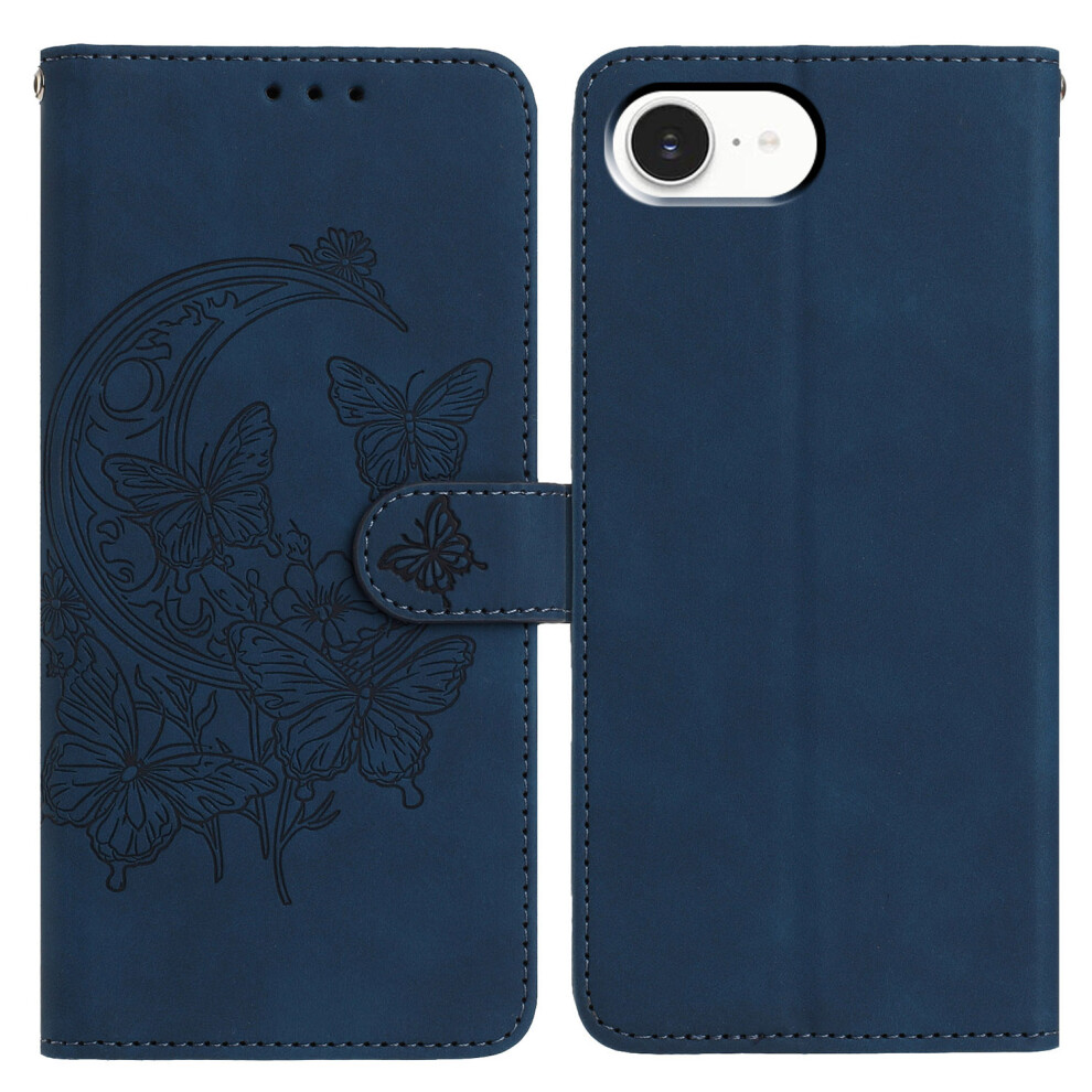 (Iphone 16E, ) For Iphone 16E Case Butterfly Flower Imprinted Pu Leather Wallet Stand Phone Cover Blue 6914286143723