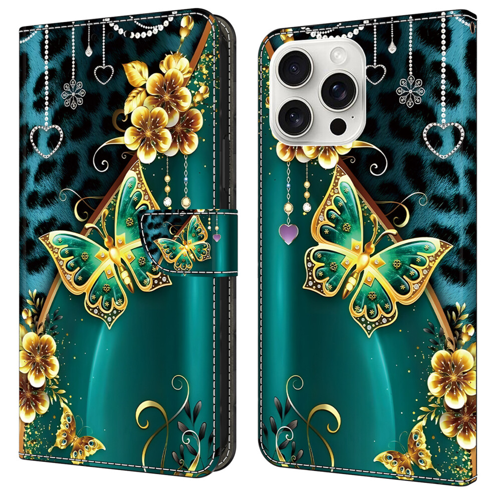 (Iphone 16 Pro, Flower Butterfly) For Iphone 16 Pro Leather Case Pattern Printing Wallet Stand Anti Drop Phone Cover Golden 6914284835248