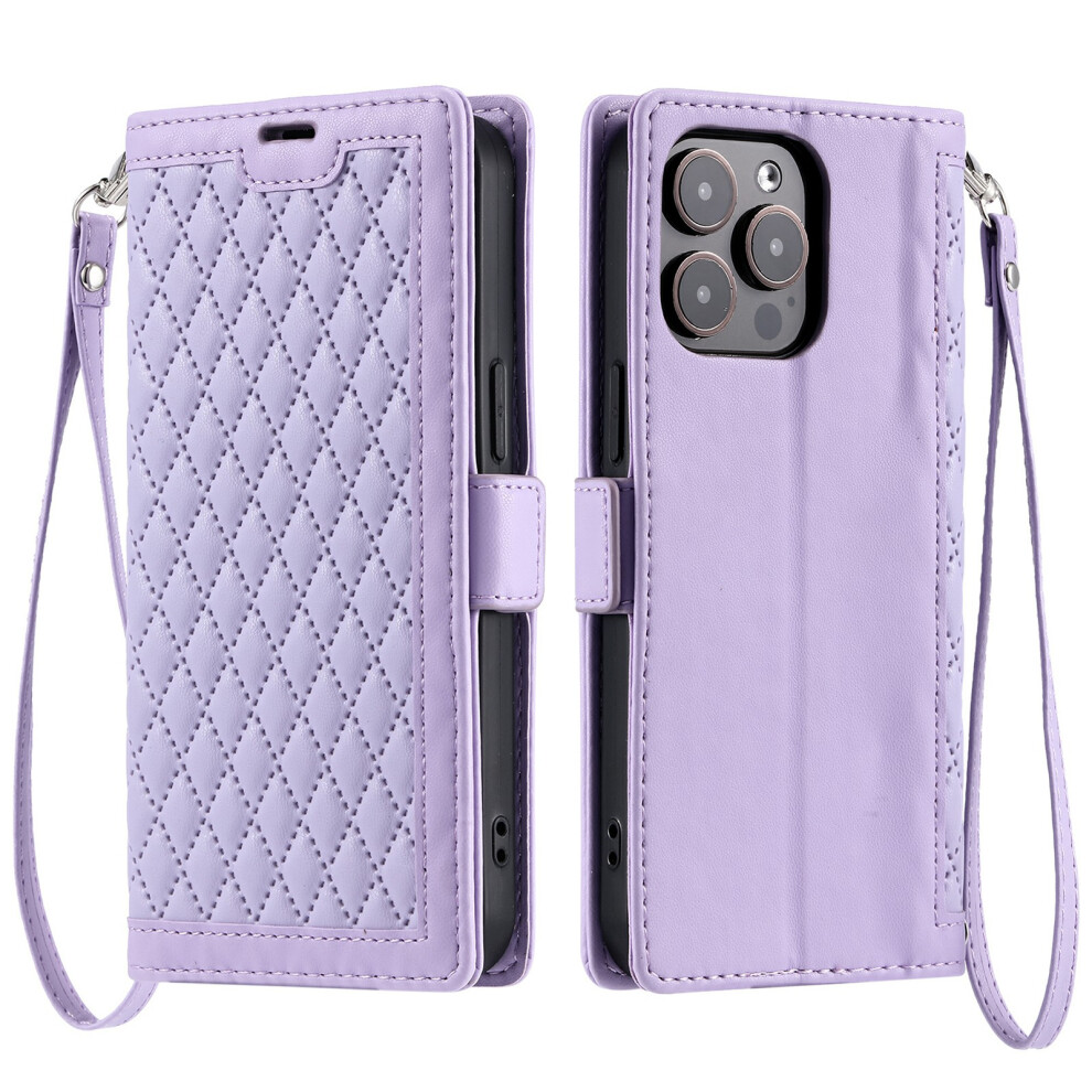 (Iphone 14 Pro, ) For Iphone 14 Pro Leather Case Rhombus Texture Wallet Stand Phone Cover With Wrist Strap Purple 6914289271133