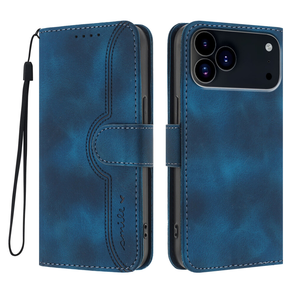 (Iphone 17 Pro Max, Royal ) For Iphone 17 Pro Max Leather Case Wallet Stand Smile Imprinted Phone Cover With Strap Blue 6914285443107