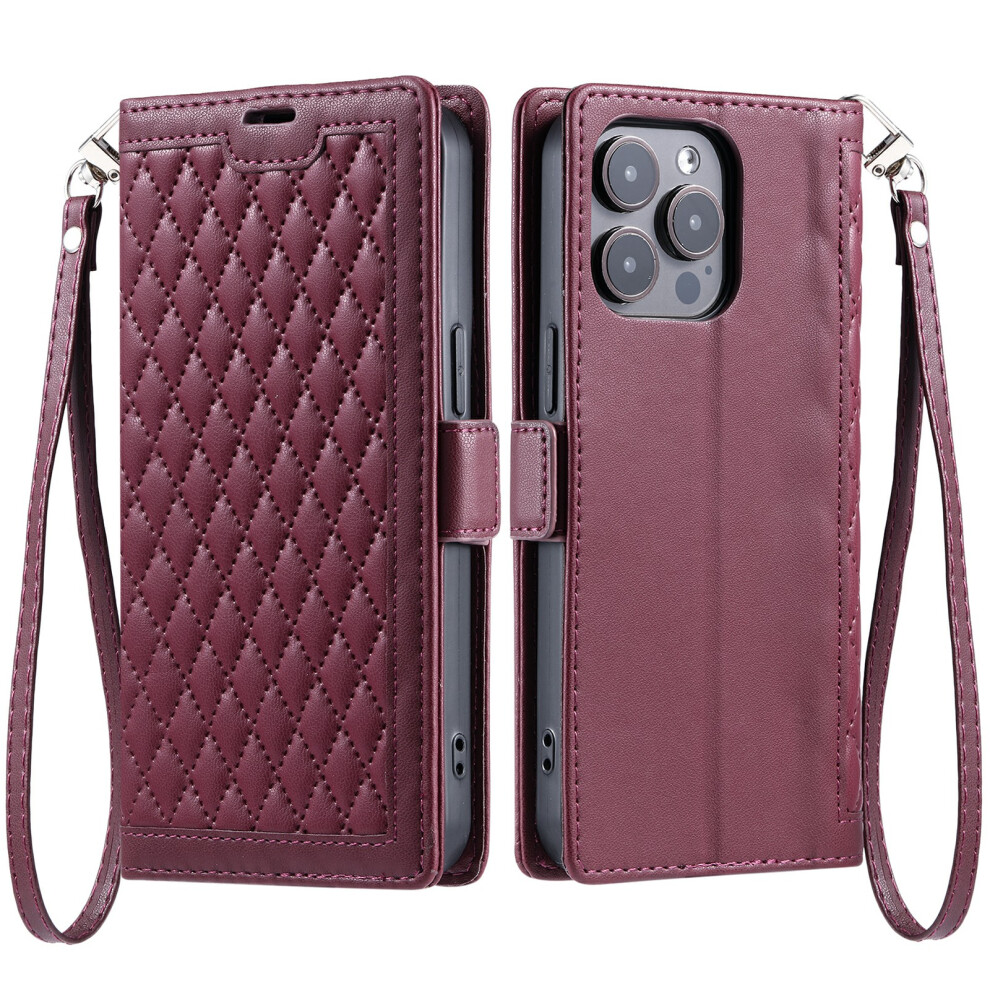 (Iphone 14 Pro, Wine ) For Iphone 14 Pro Leather Case Rhombus Texture Wallet Stand Phone Cover With Wrist Strap Red 6914285683084