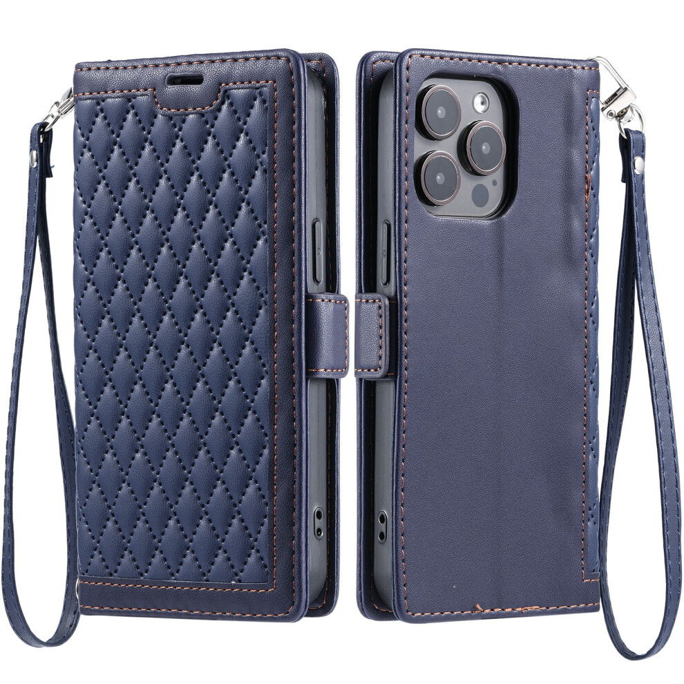 (Iphone 14 Pro, ) For Iphone 14 Pro Leather Case Rhombus Texture Wallet Stand Phone Cover With Wrist Strap Blue 6914283961504