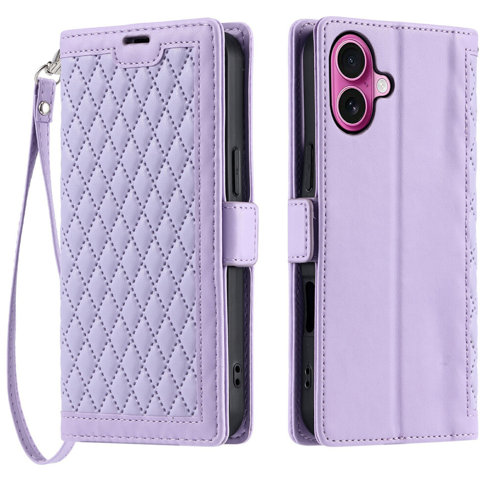 (Iphone 16, ) For Iphone 16 Leather Case Rhombus Texture Wallet Stand Phone Cover With Wrist Strap Purple 6914283148165