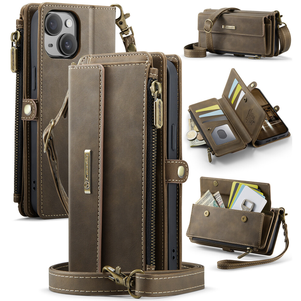 (Iphone 15, ) For Iphone 15 Case Caseme C39 Rfid Blocking Zipper Wallet Stand Leather Cover With Strap Brown 6914287609846