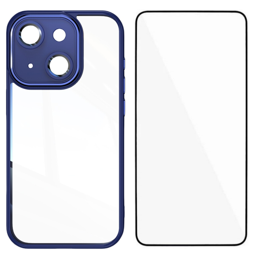 (Iphone 13, ) For Iphone 13 6.1 Inch Tpu Case Wanlonfeng Shockproof Clear Phone Cover With Tempered Glass Film Blue 6914285463785