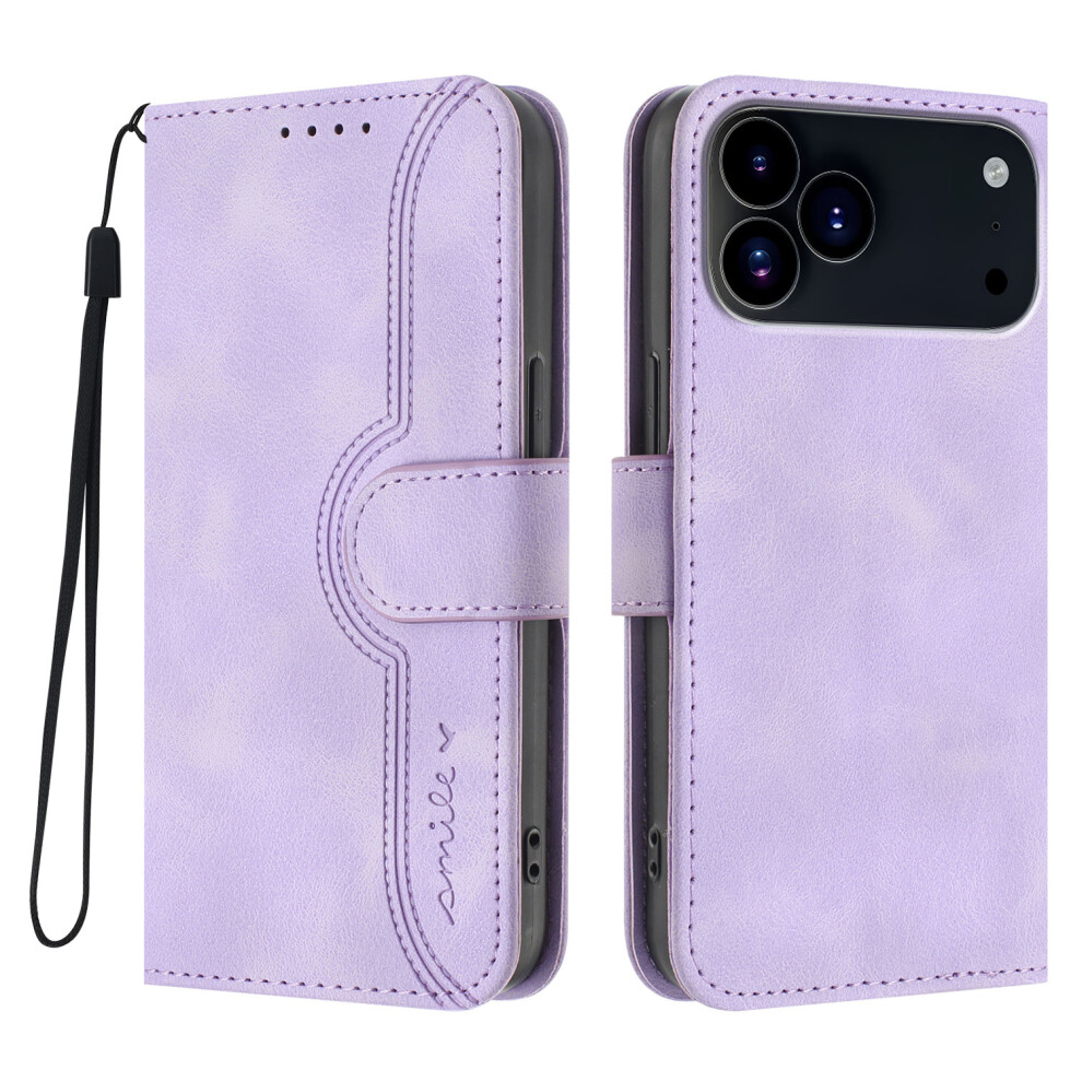 (Iphone 17 Pro, ) For Iphone 17 Pro Leather Case Wallet Stand Smile Imprinted Phone Cover With Strap Purple 6914286374240
