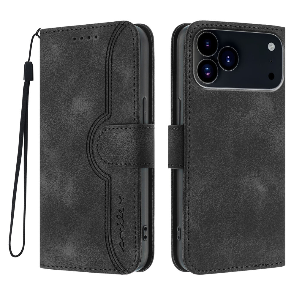 (Iphone 17 Pro, ) For Iphone 17 Pro Leather Case Wallet Stand Smile Imprinted Phone Cover With Strap Black 6914284571054
