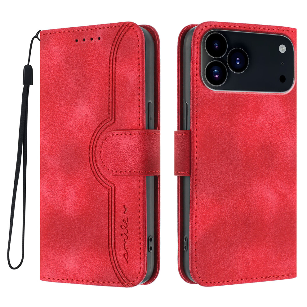 (Iphone 17 Pro, ) For Iphone 17 Pro Leather Case Wallet Stand Smile Imprinted Phone Cover With Strap Red 6914285414473