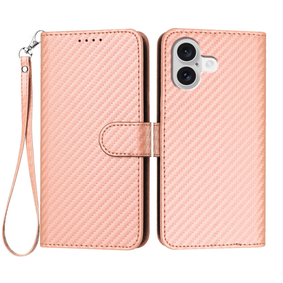 (Iphone 17, ) For Iphone 17 Wallet Case With Strap Carbon Fiber Texture Leather Mobile Cover Pink 6914284047658