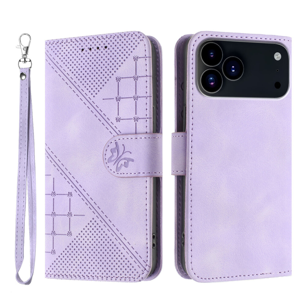 (Iphone 17 Pro Max, ) For Iphone 17 Pro Max Leather Wallet Case Butterfly Flower Imprinted Phone Cover With Strap Purple 6914289624984