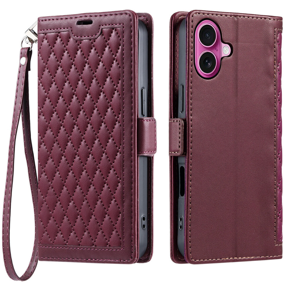 (Iphone 16 Plus, Wine ) For Iphone 16 Plus Leather Case Rhombus Texture Wallet Stand Phone Cover With Wrist Strap Red 6914280873534