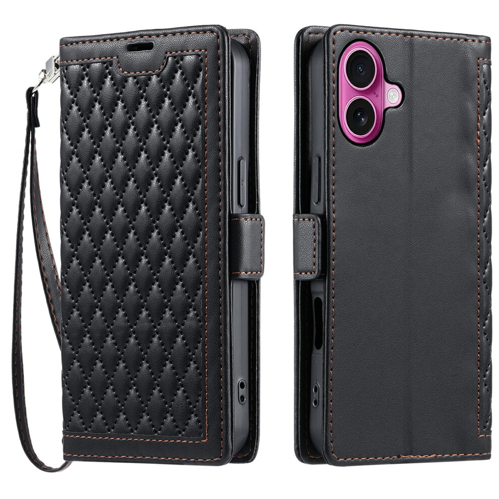 (Iphone 16 Plus, ) For Iphone 16 Plus Leather Case Rhombus Texture Wallet Stand Phone Cover With Wrist Strap Black 6914283495580
