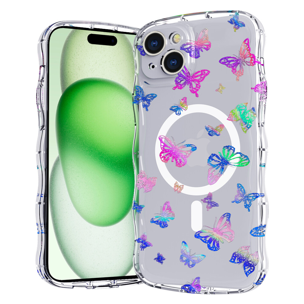 (Iphone 15, Laser Butterfly) For Iphone 15 Magnetic Case Wave Edge Glitter Tpu Phone Back Cover 6914283207244