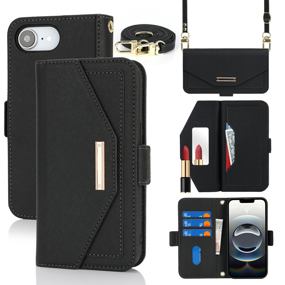 (Iphone 16E, ) For Iphone 16E Stand Case Cross Texture Pu Leather Wallet Phone Cover With Shoulder Strap/Makeup Mirror Black 6914284381714