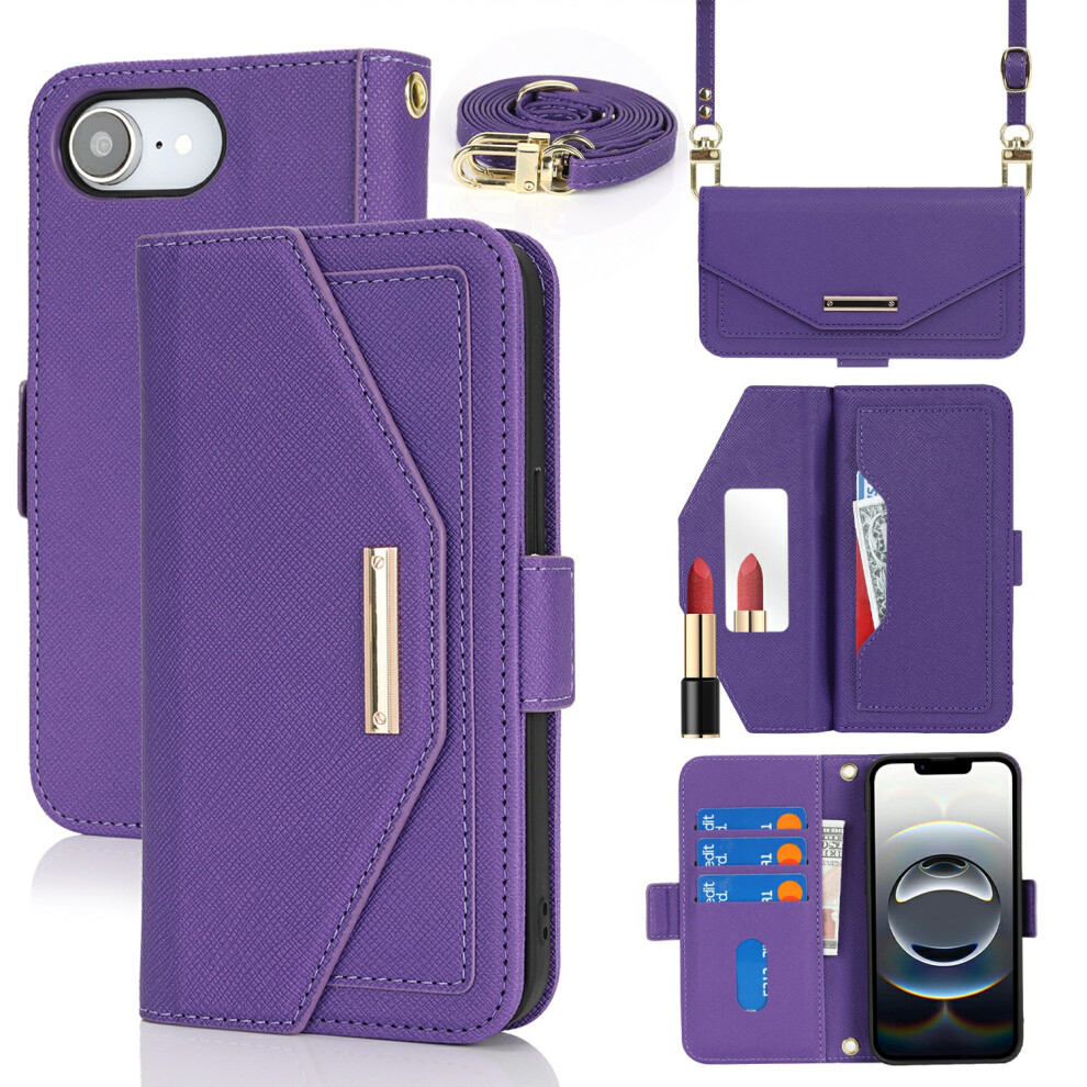 (Iphone 16E, ) For Iphone 16E Stand Case Cross Texture Pu Leather Wallet Phone Cover With Shoulder Strap/Makeup Mirror Purple 6914287067332
