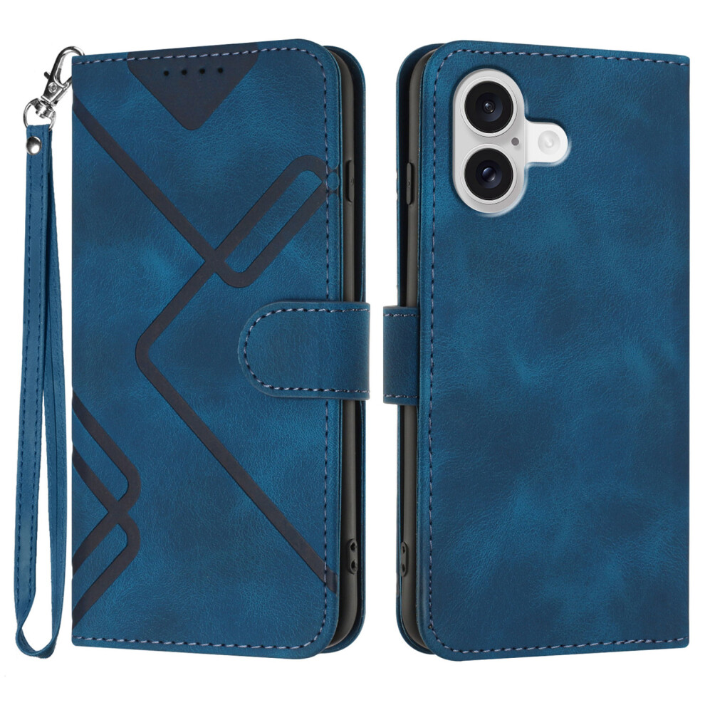 (Iphone 17, Royal ) For Iphone 17 Wallet Case Line Imprinted Pu Leather Phone Cover With Strap Blue 6914283349555