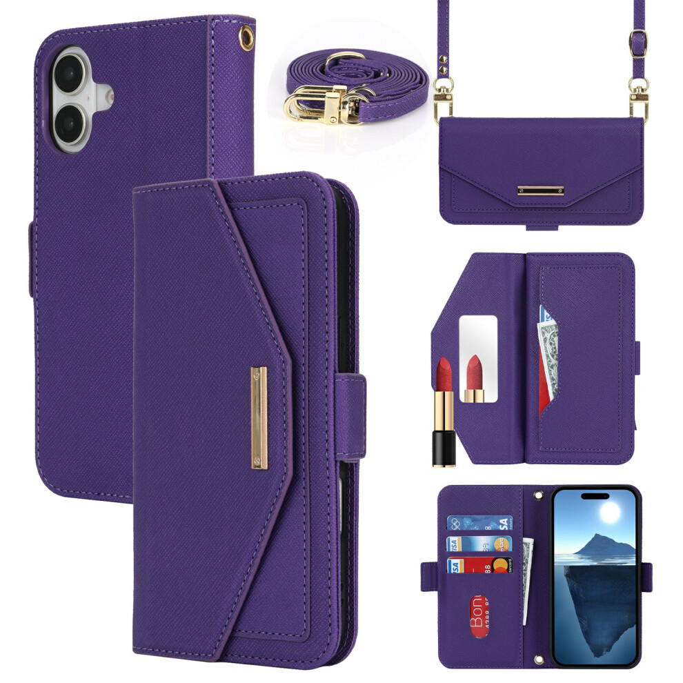 (Iphone 16, ) For Iphone 16 Stand Case Cross Texture Pu Leather Wallet Phone Cover With Shoulder Strap/Makeup Mirror Purple 6914281178775