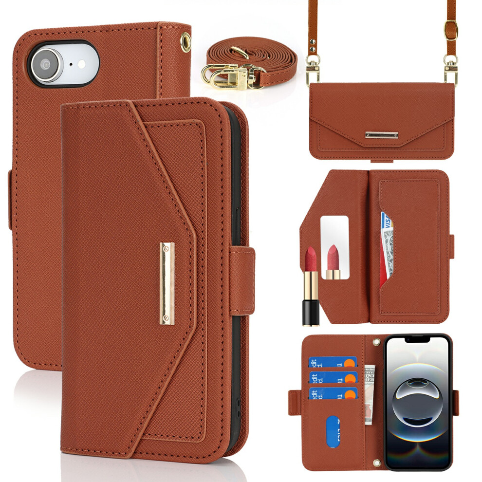 (Iphone 16E, ) For Iphone 16E Stand Case Cross Texture Pu Leather Wallet Phone Cover With Shoulder Strap/Makeup Mirror Brown 6914289548693