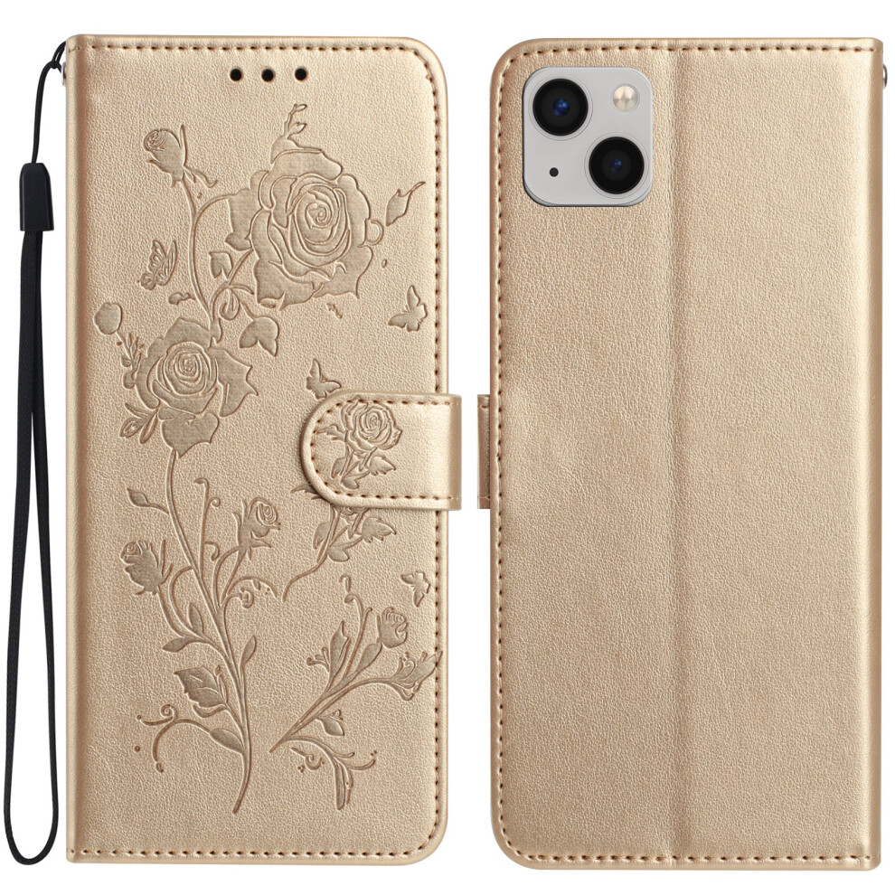 (Iphone 14, ) For Iphone 14 Wallet Case Rose Pattern Imprinted Leather Flip Stand Phone Cover Gold 6914283695645