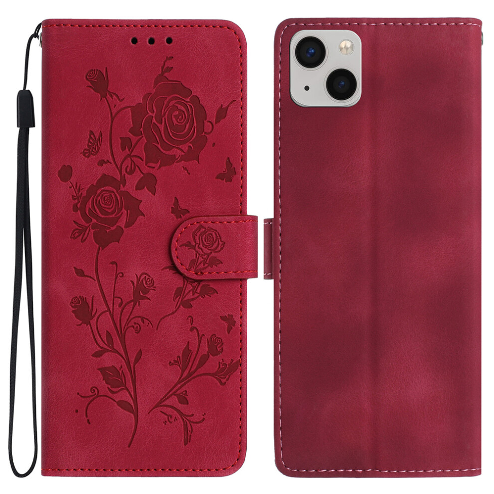 (Iphone 14, ) For Iphone 14 Wallet Case Rose Pattern Imprinted Leather Flip Stand Phone Cover Red 6914280381923