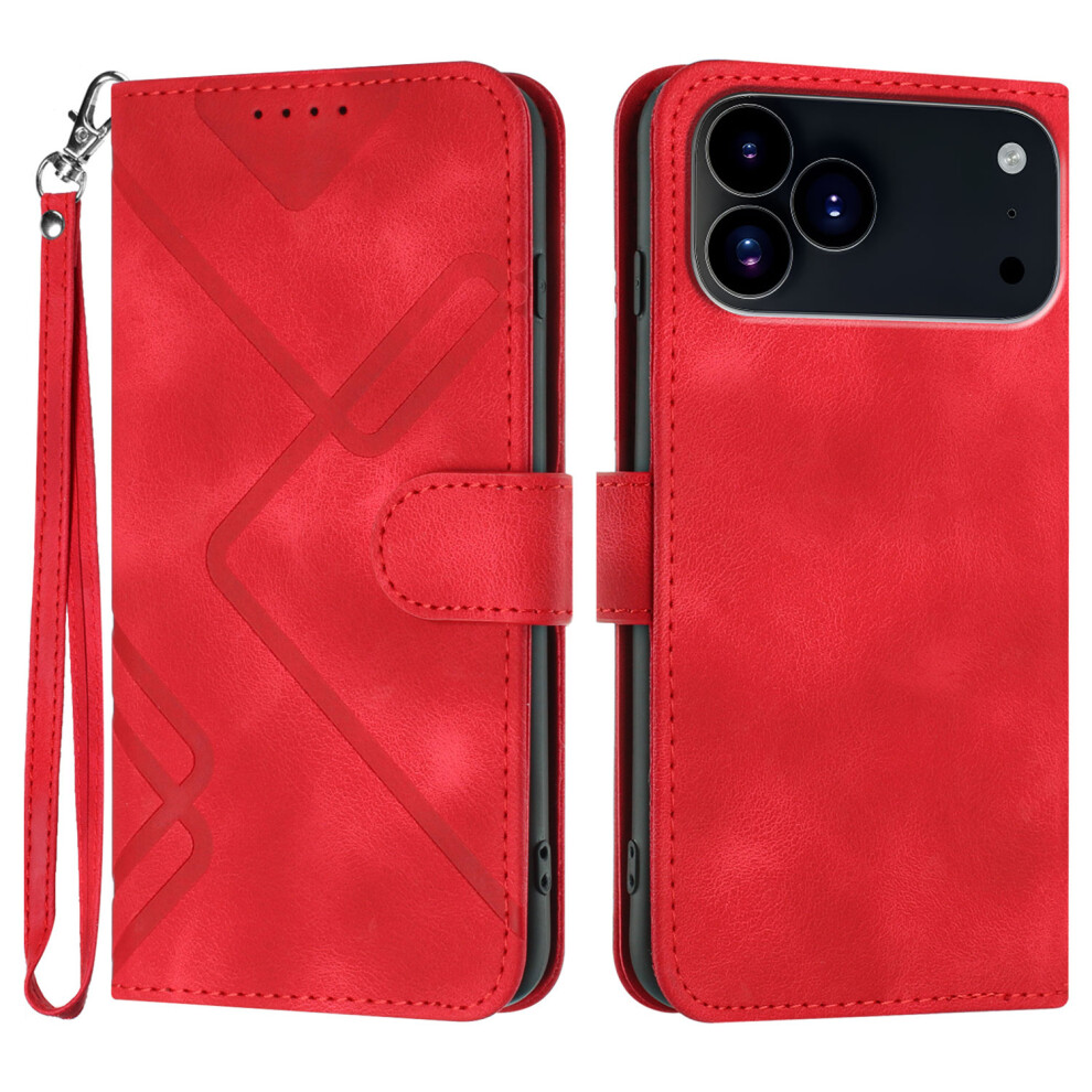 (Iphone 17 Pro Max, ) For Iphone 17 Pro Max Wallet Case Line Imprinted Pu Leather Phone Cover With Strap Red 6914284774844