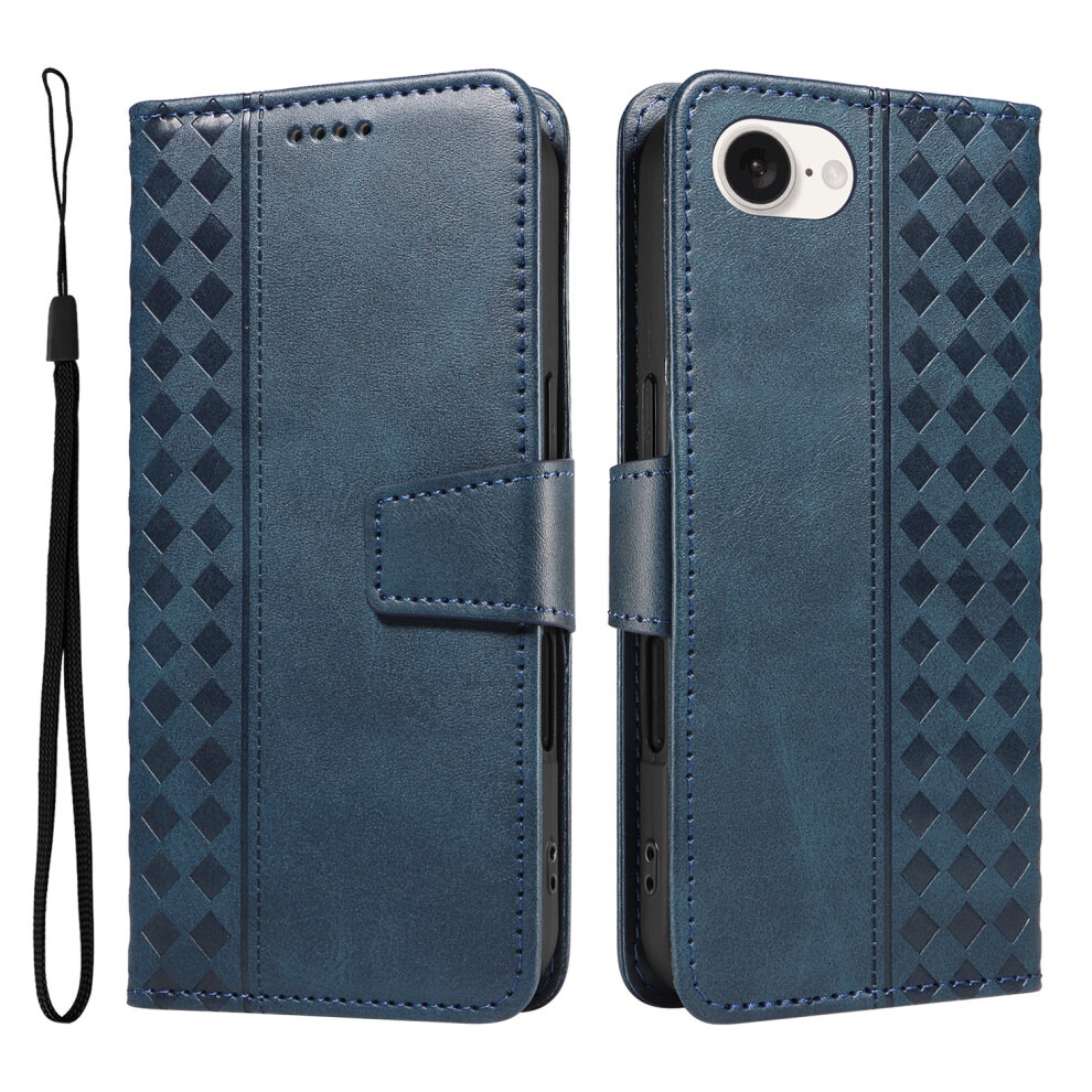 (Iphone 16E, ) For Iphone 16E Leather Case Wallet Stand Grids Imprinted Phone Cover With Strap Blue 6914283054503