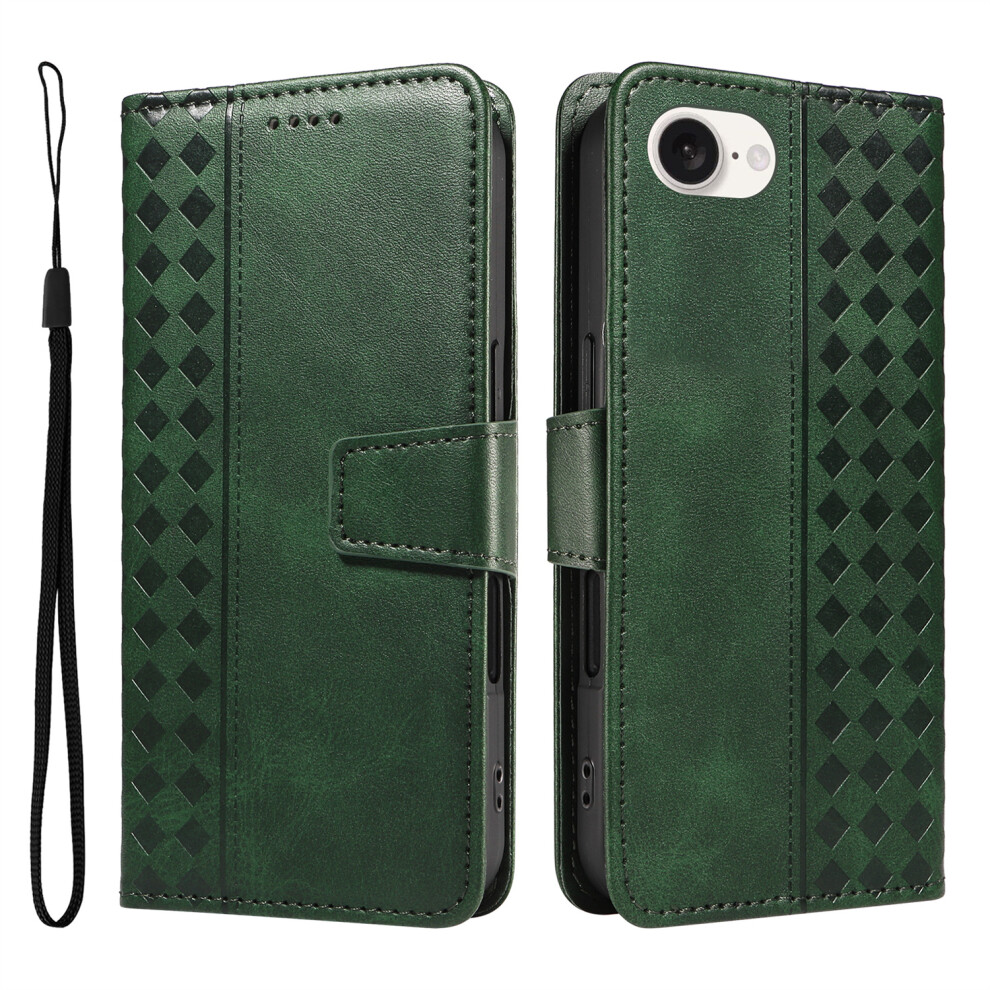 (Iphone 16E, ) For Iphone 16E Leather Case Wallet Stand Grids Imprinted Phone Cover With Strap Green 6914284892586
