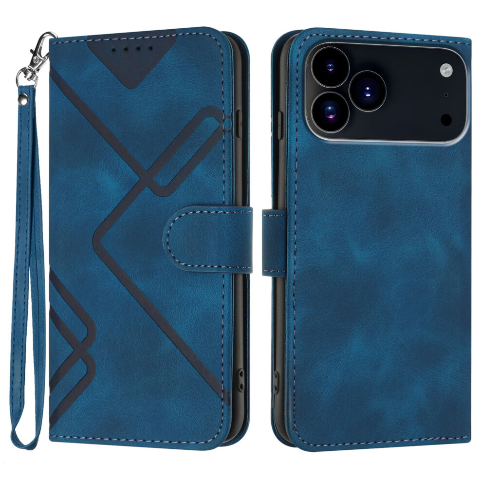 (iPhone 17 Pro Max, Royal Blue) For iPhone 17 Pro Max Wallet Case Line Imprinted PU Leather Phone Cover with Strap