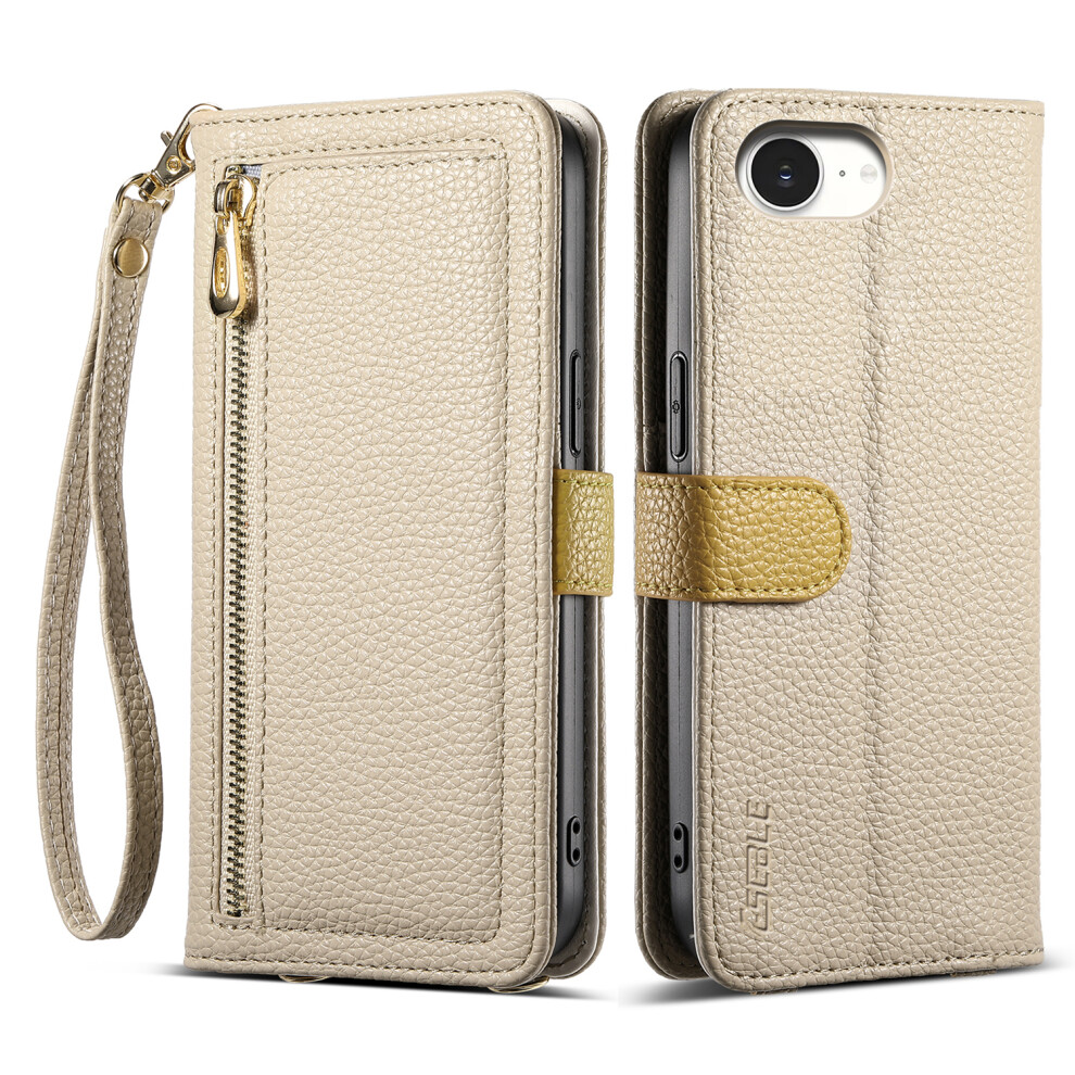 (Iphone 16E, Khaki) Eseble E11 For Iphone 16E Case Zipper Pocket Litchi Texture Leather Phone Cover With Mirror And Wrist Strap 6914283698820