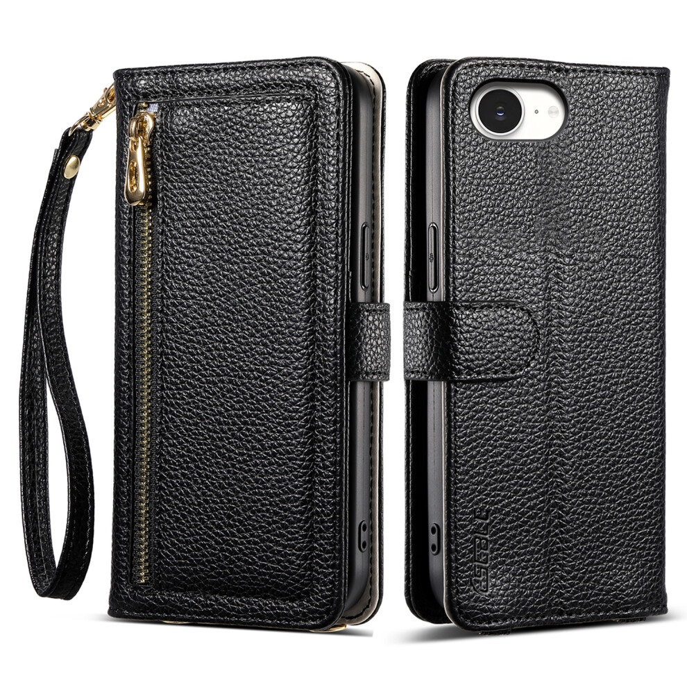 (Iphone 16E, ) Eseble E11 For Iphone 16E Case Zipper Pocket Litchi Texture Leather Phone Cover With Mirror And Wrist Strap Black 6914288785495
