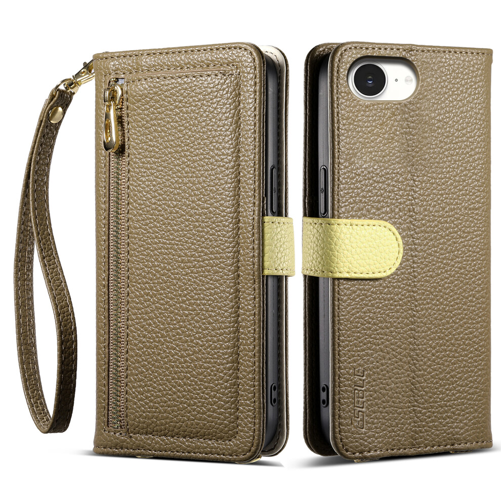 (Iphone 16E, ) Eseble E11 For Iphone 16E Case Zipper Pocket Litchi Texture Leather Phone Cover With Mirror And Wrist Strap Brown 6914285655982