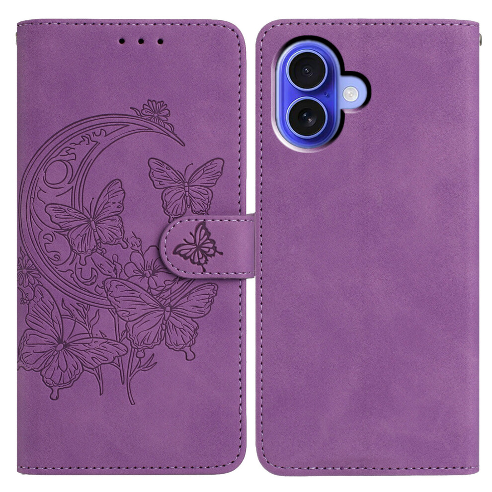 (Iphone 16, ) For Iphone 16 Case Butterfly Flower Imprinted Pu Leather Wallet Stand Phone Cover Purple 6914280848853