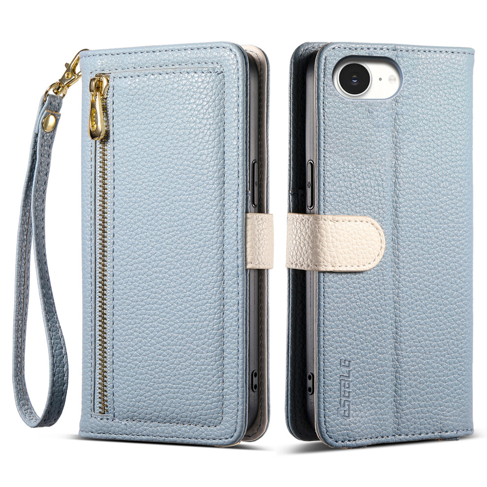 (Iphone 16E, Sky ) Eseble E11 For Iphone 16E Case Zipper Pocket Litchi Texture Leather Phone Cover With Mirror And Wrist Strap Blue 6914288597081