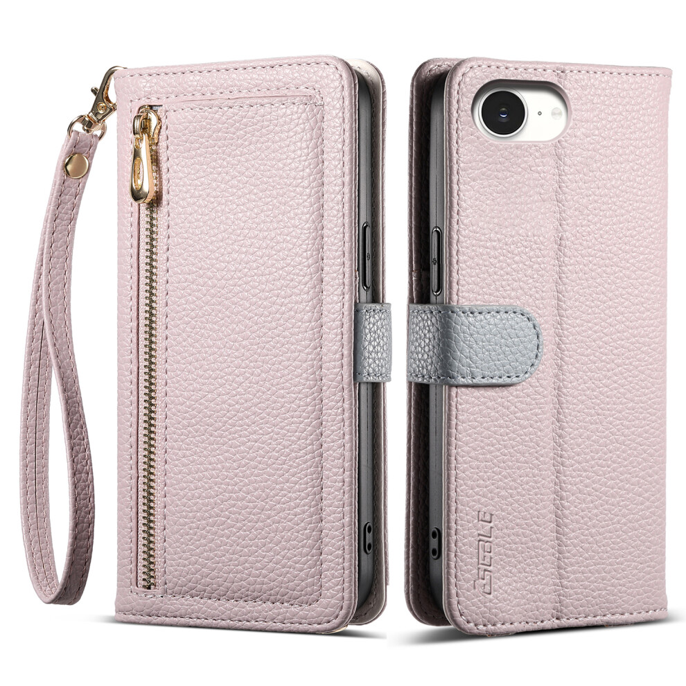 (Iphone 16E, Light ) Eseble E11 For Iphone 16E Case Zipper Pocket Litchi Texture Leather Phone Cover With Mirror And Wrist Strap Purple 6914286759009