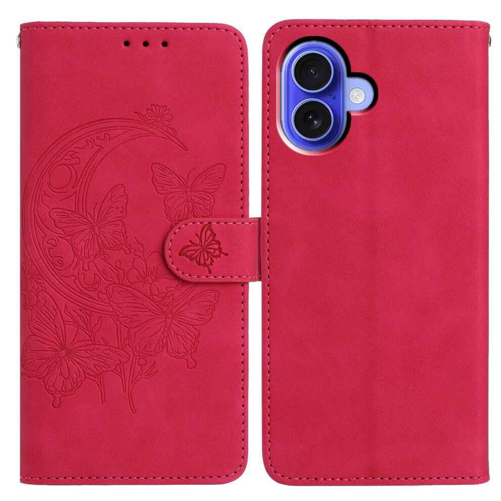 (Iphone 16, Rose) For Iphone 16 Case Butterfly Flower Imprinted Pu Leather Wallet Stand Phone Cover 6914283091034