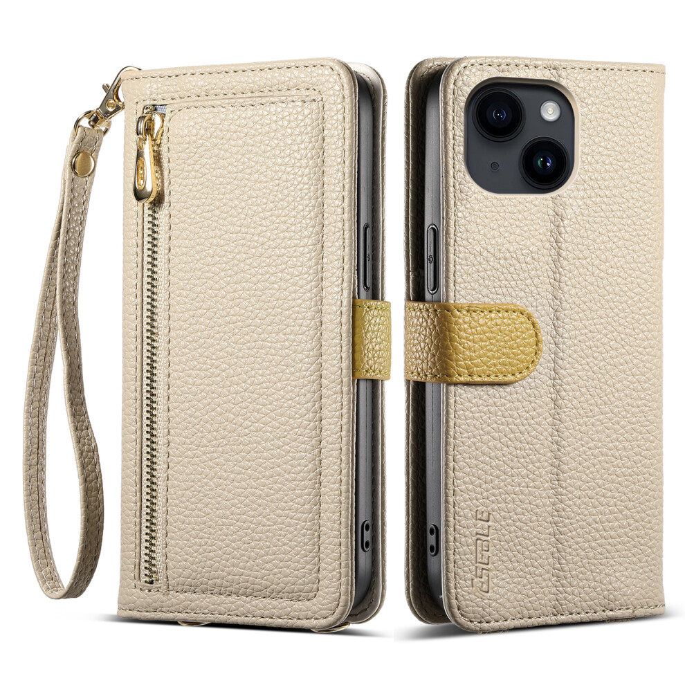 (Iphone 15, Khaki) Eseble E11 For Iphone 15 Case Zipper Pocket Litchi Texture Leather Phone Cover With Mirror And Wrist Strap 6914287542709