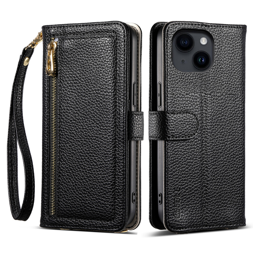 (Iphone 15, ) Eseble E11 For Iphone 15 Case Zipper Pocket Litchi Texture Leather Phone Cover With Mirror And Wrist Strap Black 6914282737742