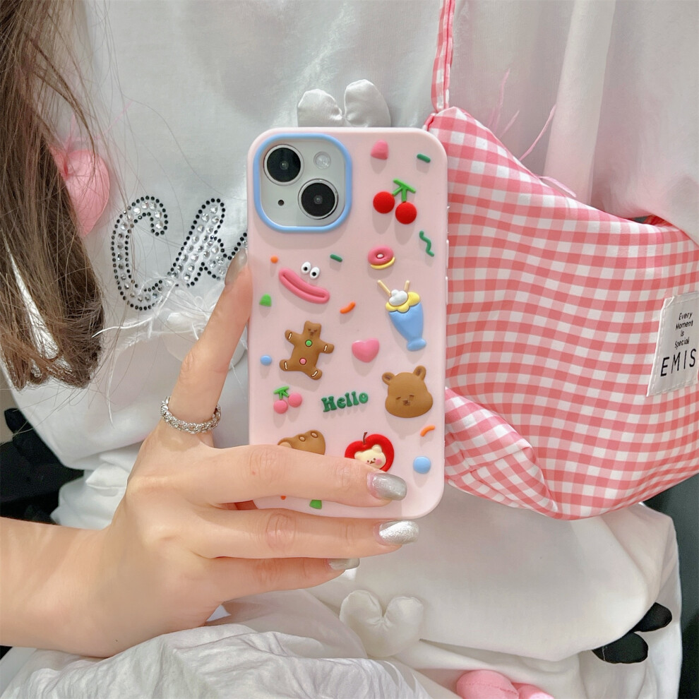 (Iphone 15, ) For Iphone 15 Silicone Case Cute Hello Bear Design Shockproof Phone Back Cover Pink 6914281432198