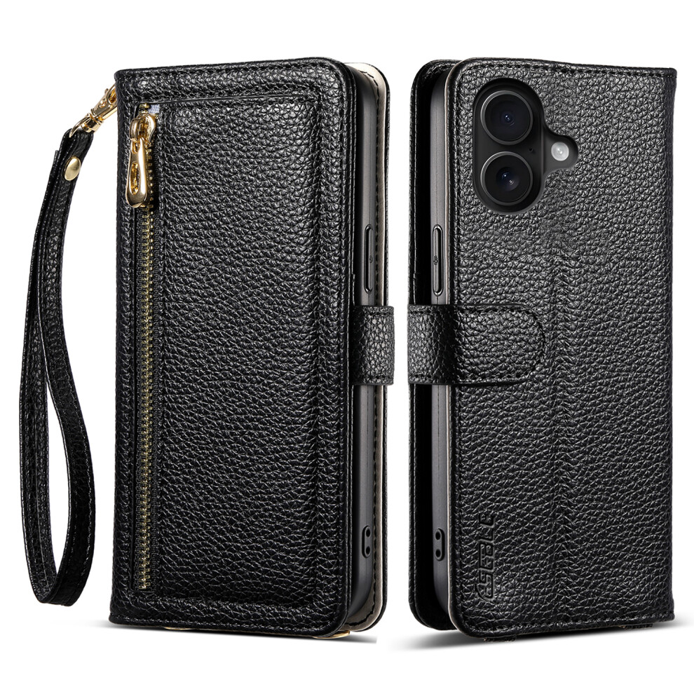 (Iphone 16, ) Eseble E11 For Iphone 16 Case Zipper Pocket Litchi Texture Leather Phone Cover With Mirror And Wrist Strap Black 6914284856120