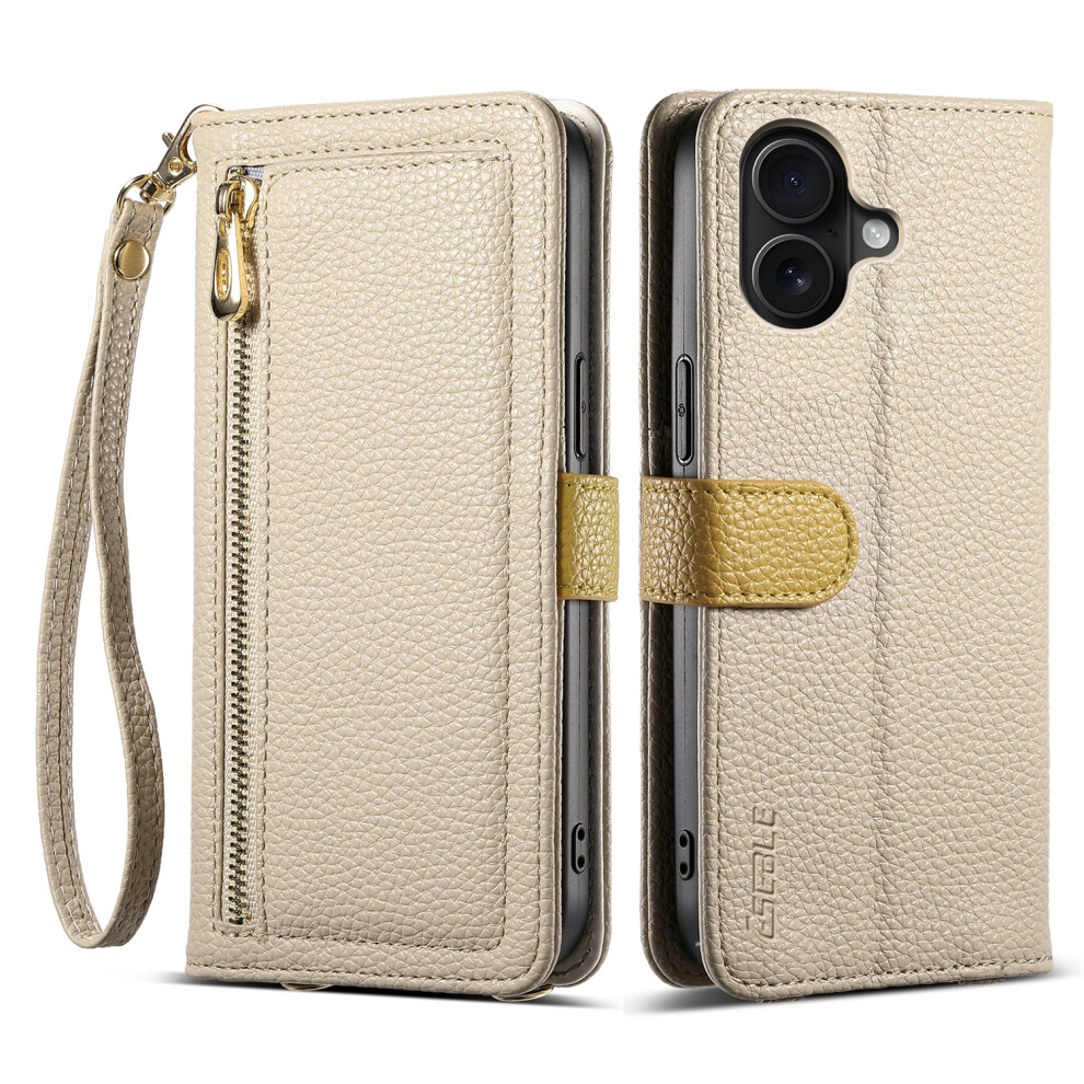 (Iphone 16, Khaki) Eseble E11 For Iphone 16 Case Zipper Pocket Litchi Texture Leather Phone Cover With Mirror And Wrist Strap 6914289439618