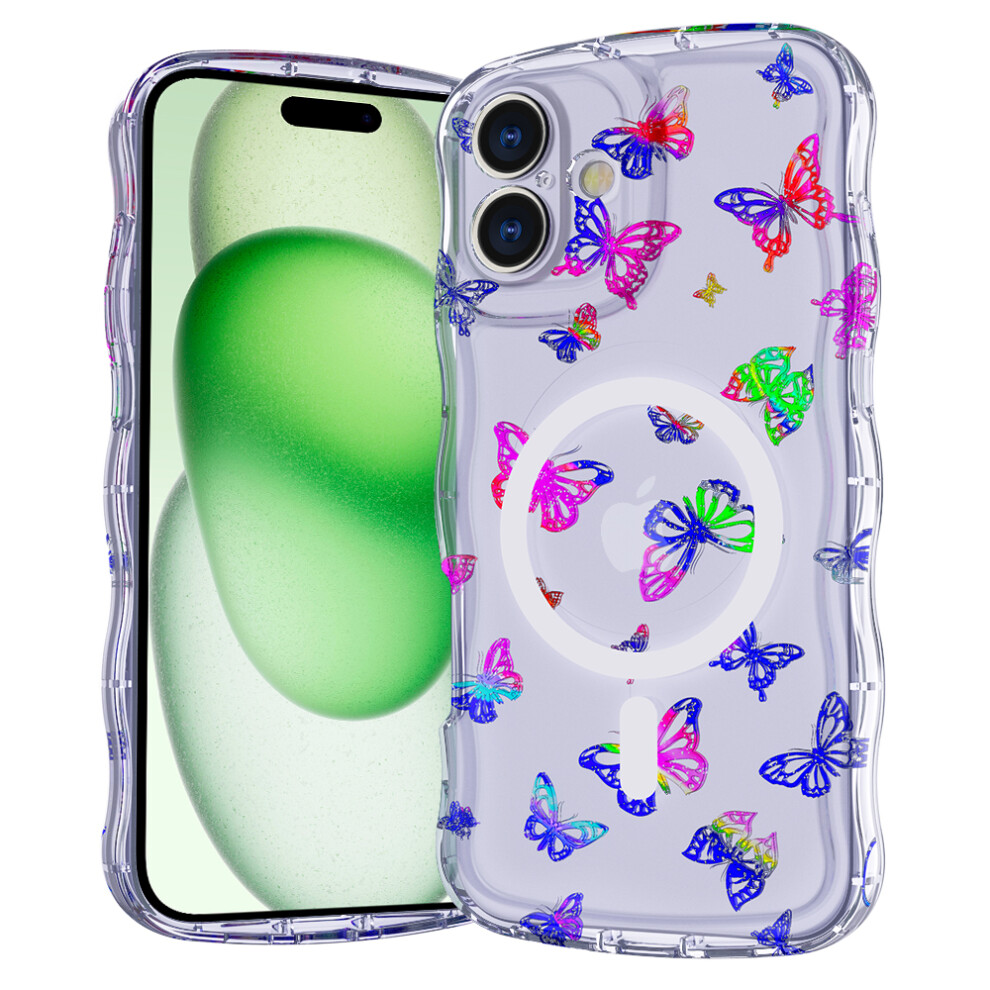 (Iphone 16, Laser Butterfly) For Iphone 16 Magnetic Case Wave Edge Glitter Tpu Phone Back Cover 6914280909455