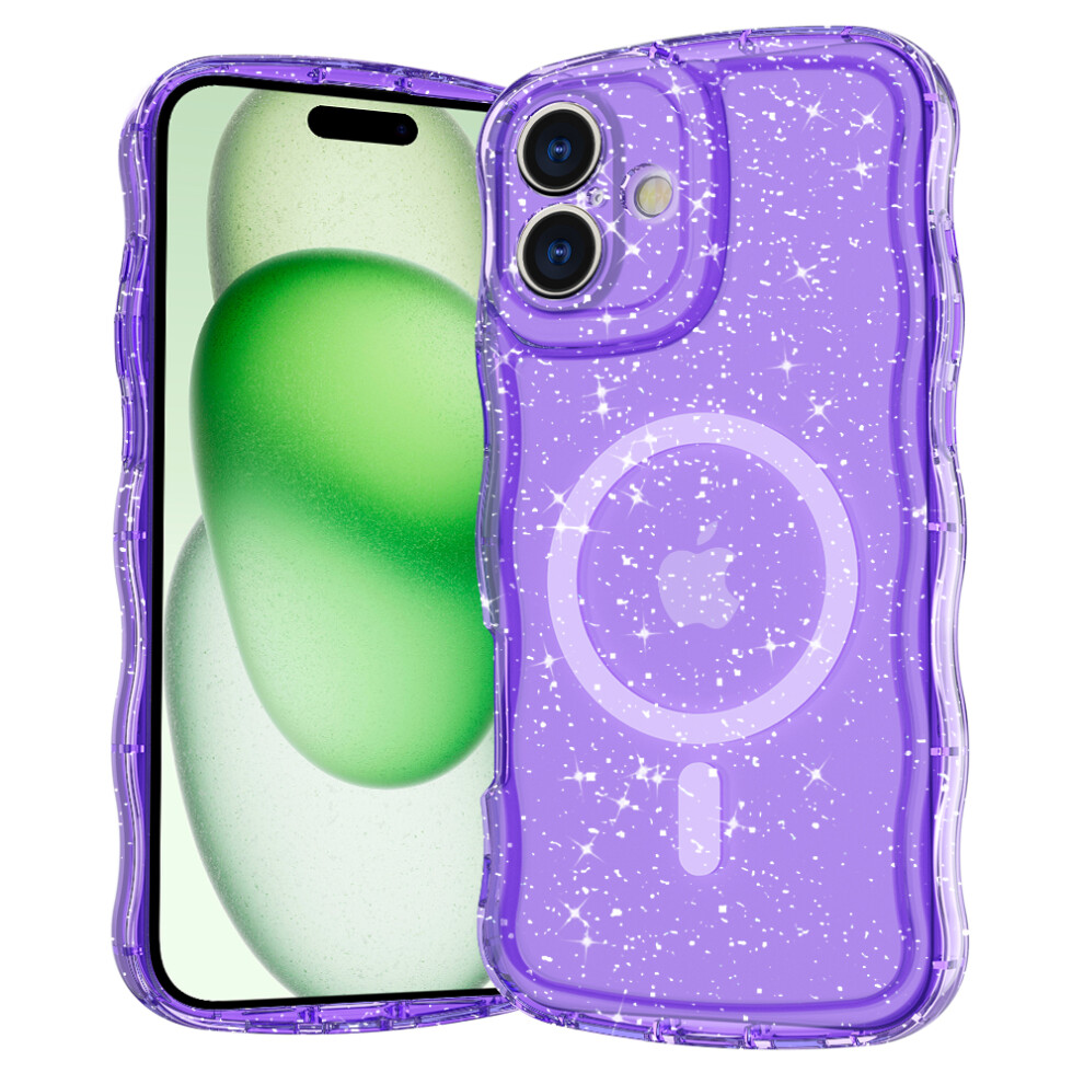 (Iphone 16, Clear ) For Iphone 16 Magnetic Case Wave Edge Glitter Tpu Phone Back Cover Purple 6914288030144
