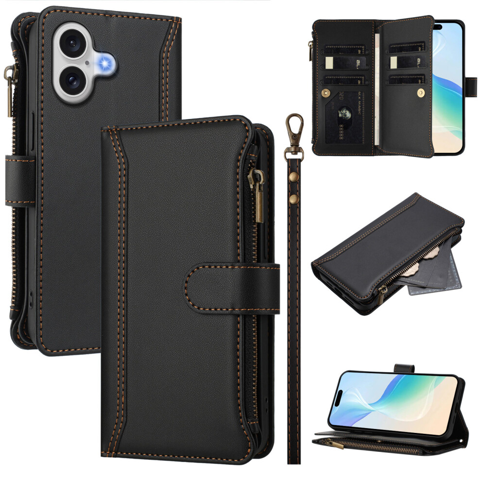 (Iphone 17, ) For Iphone 17 Leather Case 9 Card Slots Zipper Wallet Stand Phone Cover With Wrist Strap Black 6914284613143