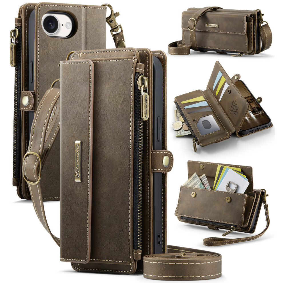 (Iphone 16E, ) For Iphone 16E Case Caseme C39 Rfid Blocking Zipper Wallet Stand Leather Cover With Strap Brown 6914289193152