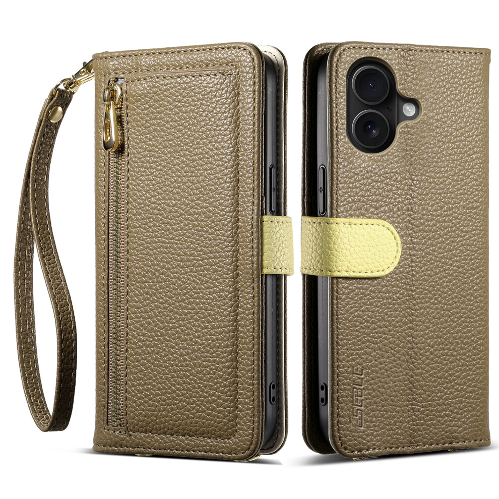 (Iphone 16, ) Eseble E11 For Iphone 16 Case Zipper Pocket Litchi Texture Leather Phone Cover With Mirror And Wrist Strap Brown 6914284727444