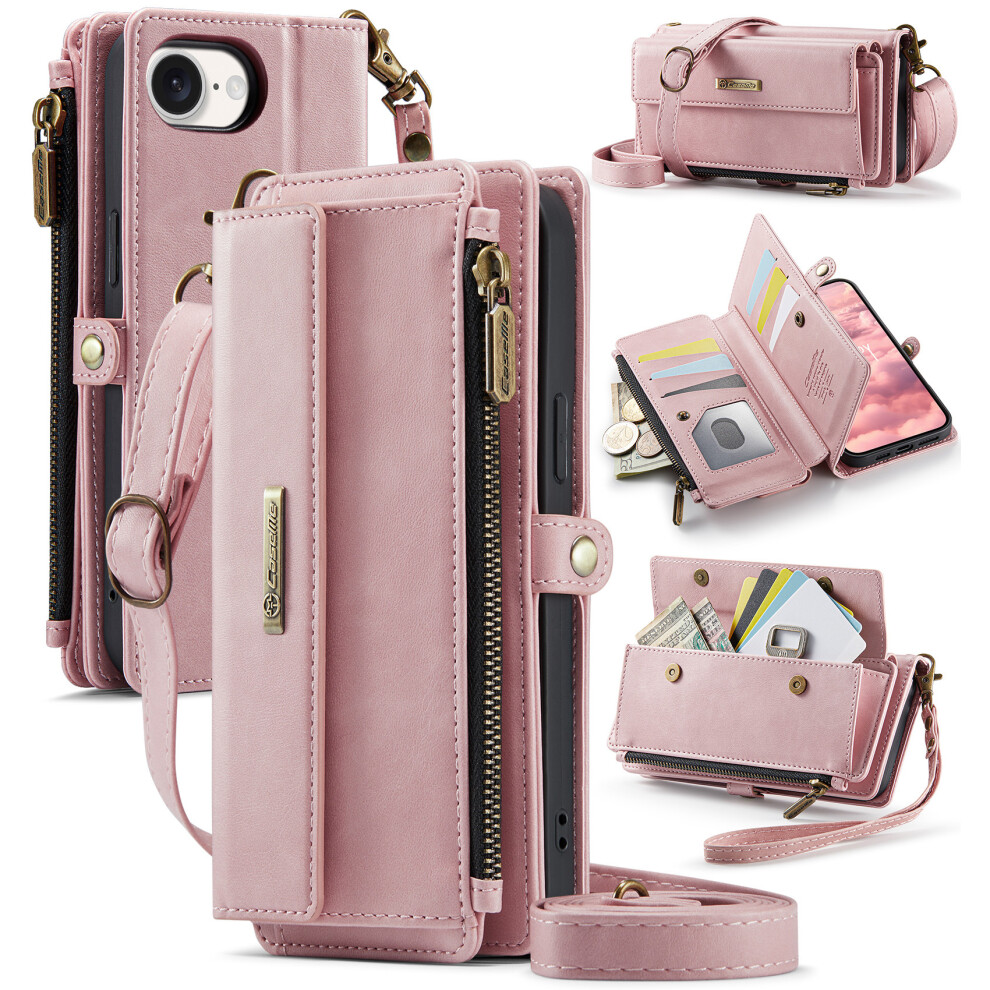 (Iphone 16E, ) For Iphone 16E Case Caseme C39 Rfid Blocking Zipper Wallet Stand Leather Cover With Strap Pink 6914281286401
