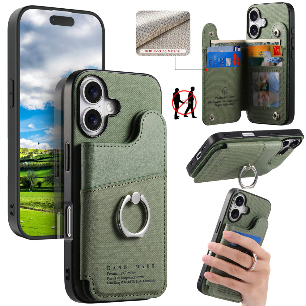 (Iphone 16, ) For Iphone 16 Case With Card Holder Kickstand Leather+Tpu+Pc Phone Cover Green 6914285794230