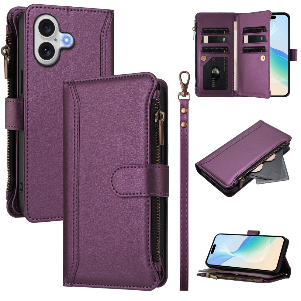 (Iphone 17, ) For Iphone 17 Leather Case 9 Card Slots Zipper Wallet Stand Phone Cover With Wrist Strap Purple 6914287437043